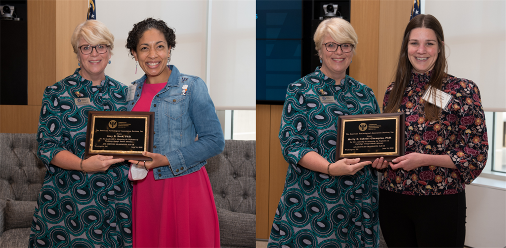 Katherine B. McGuire, MSc, presenting APA Services Advocacy Awards to Amy Beck, PhD, and Molly Gabriel-Champine, PhD