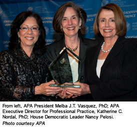 From left, APA President Melba J.T. Vasquez, PhD; APA Executive Director for Professional Practice, Katherine C. Nordal, PhD; House Democratic Leader Nancy Pelosi