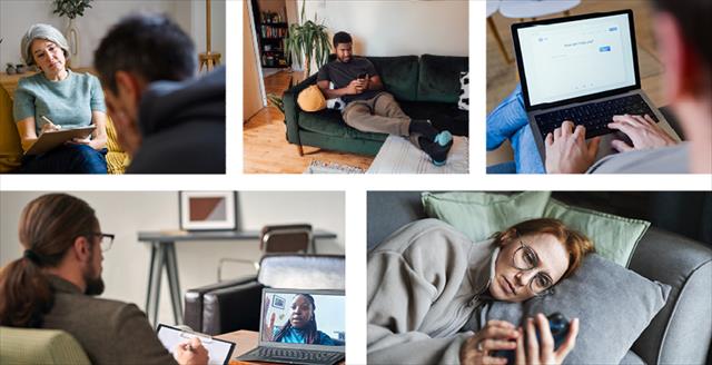 collage of people at in-person therapy session or using chatbots