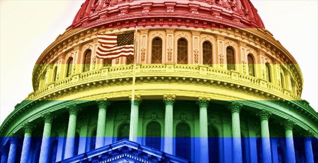U.S. Capitol dome with pride flag overlay