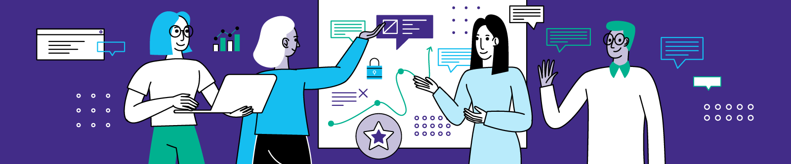Banner illustration of team working with software