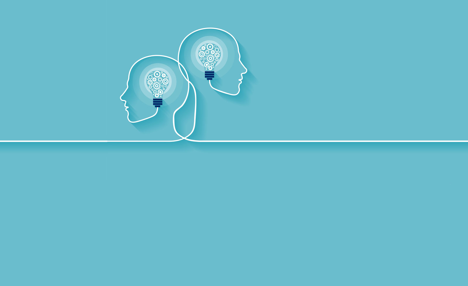 illustration of two human heads made of gears with light bulb shape inside