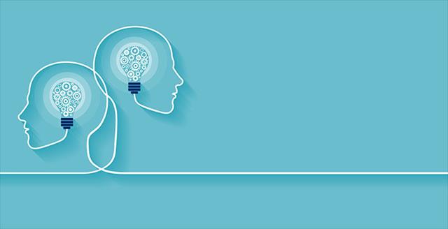 illustration of two human heads made of gears with light bulb shape inside