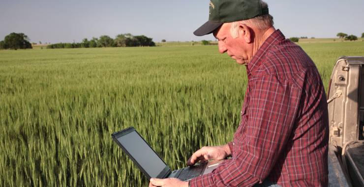 A man sitting on the bed of a truck in a farm field, using a laptop.