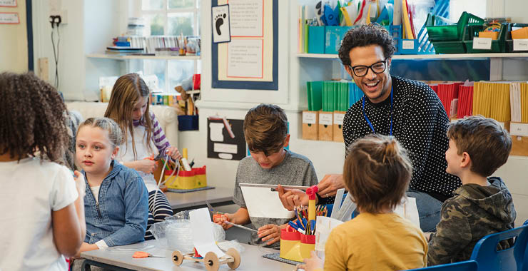Elementary school teacher and students in a classroom