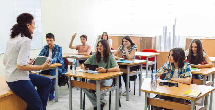High school students on class in school listening their teacher